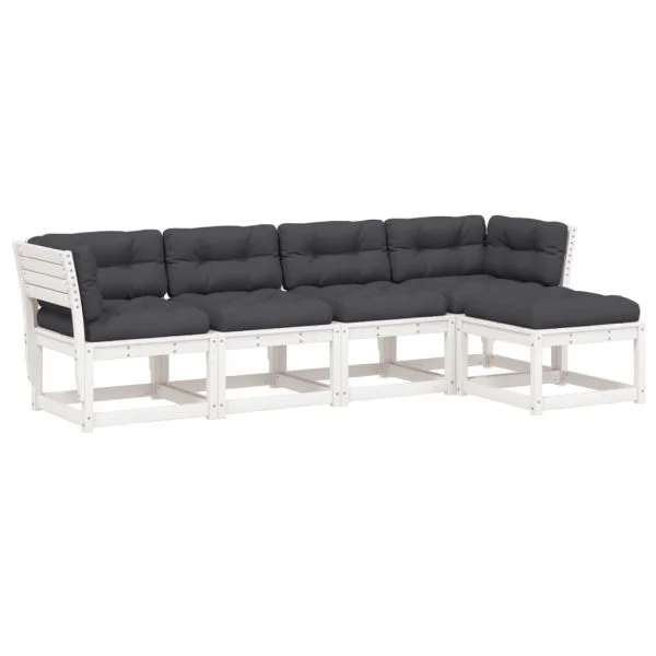 vidaXL 5 Peças Conjunto Sofás de Jardim com Almofadões Pinho Maciço Branco - 3489933135