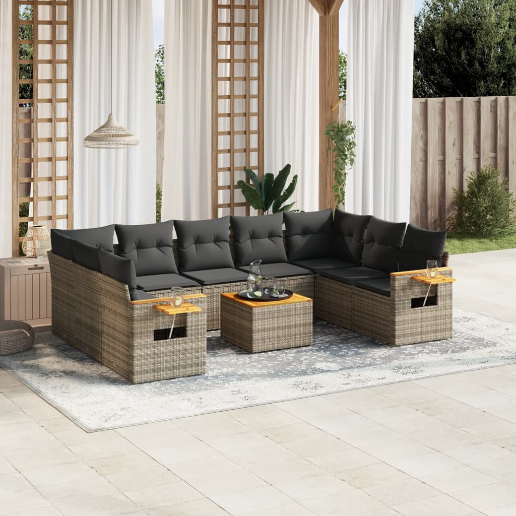 vidaXL 10 pcs conjunto sofás de jardim c/ almofadões vime PE cinzento