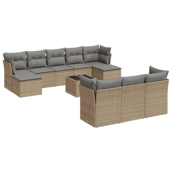 vidaXL 11 Peças Conjunto Sofás de Jardim com Almofadões Vime Pe Bege - 2518141987