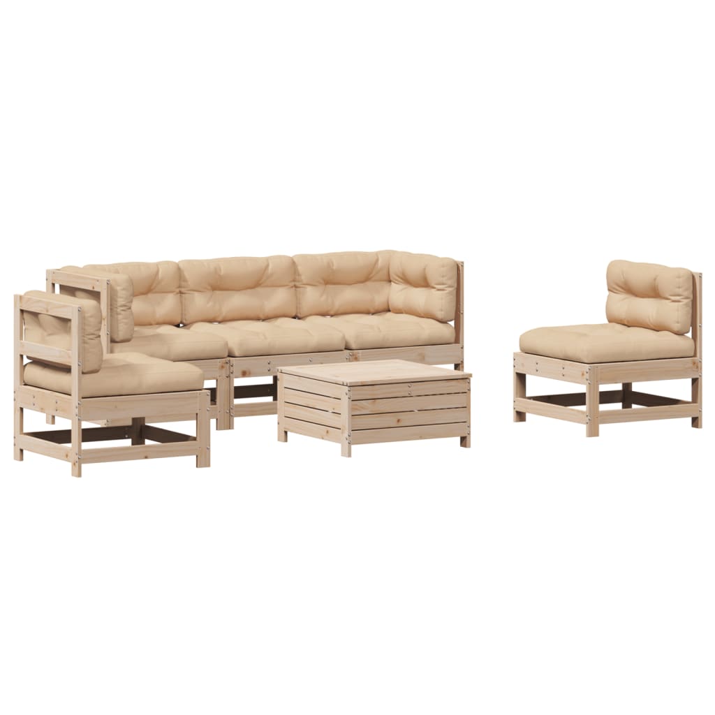 vidaXL 6 pcs conjunto lounge de jardim c/ almofadões pinho maciço