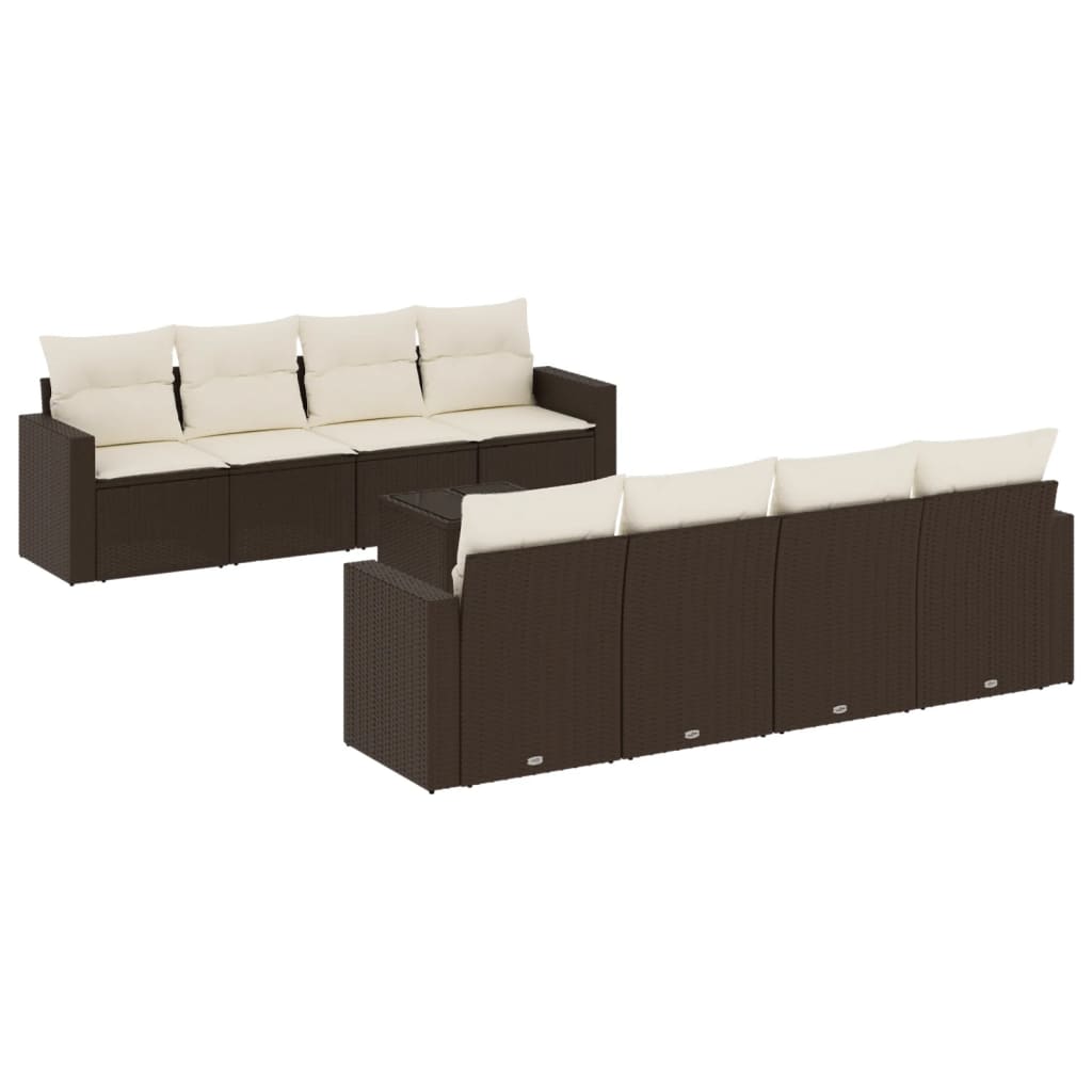 vidaXL 9 pcs conjunto sofás p/ jardim c/ almofadões vime PE castanho