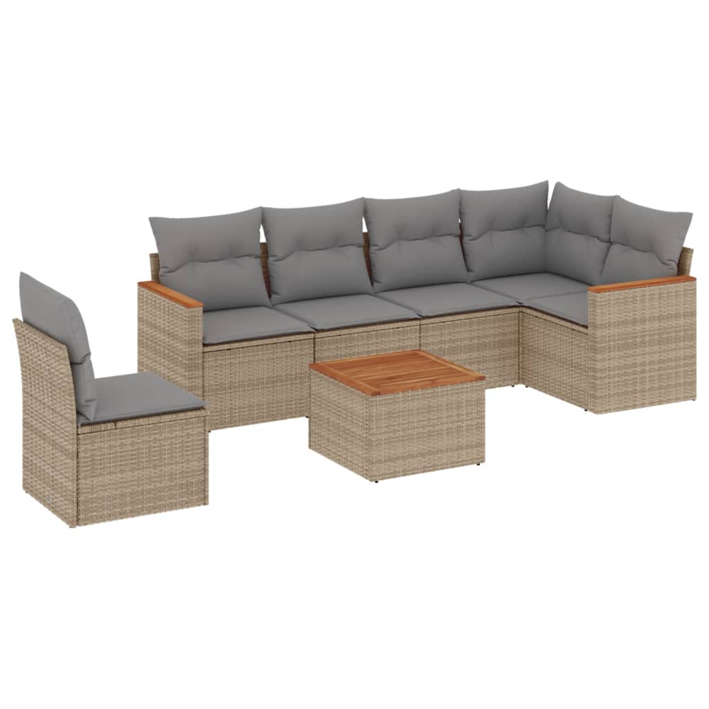 vidaXL 7 pcs conj. sofás jardim c/ almofadões vime PE bege misturado