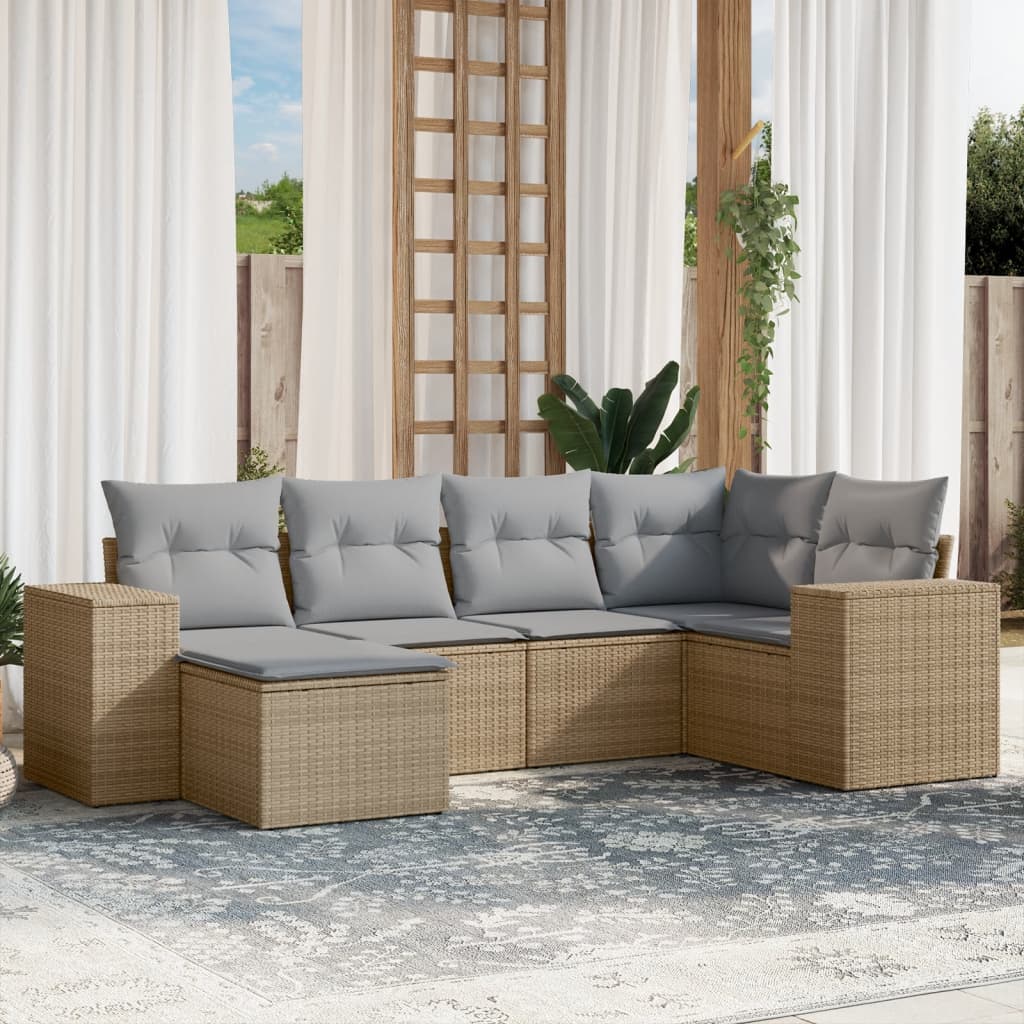 vidaXL 6 pcs conjunto de sofás p/ jardim com almofadões vime PE bege