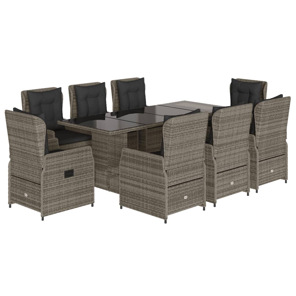 vidaXL 9 pcs conjunto de jantar p/ jardim c/ almofadões vime PE cinza