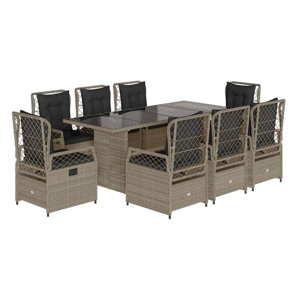 vidaXL 9 pcs conjunto de jantar p/ jardim c/ almofadões cinzento claro