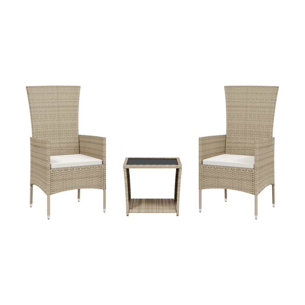 vidaXL 3 pcs conjunto de jantar p/ jardim com almofadões vime PE bege