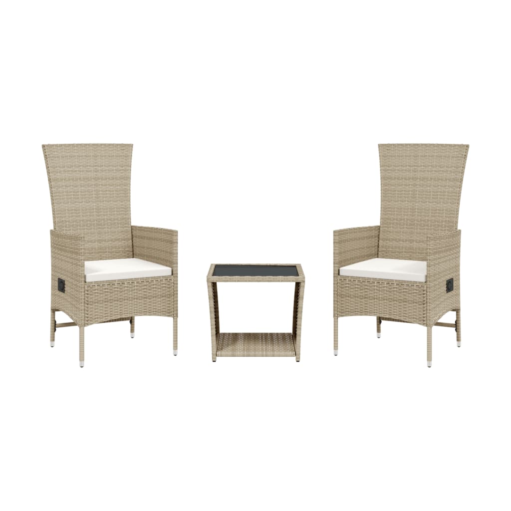 vidaXL 3 pcs conjunto de jantar p/ jardim com almofadões vime PE bege