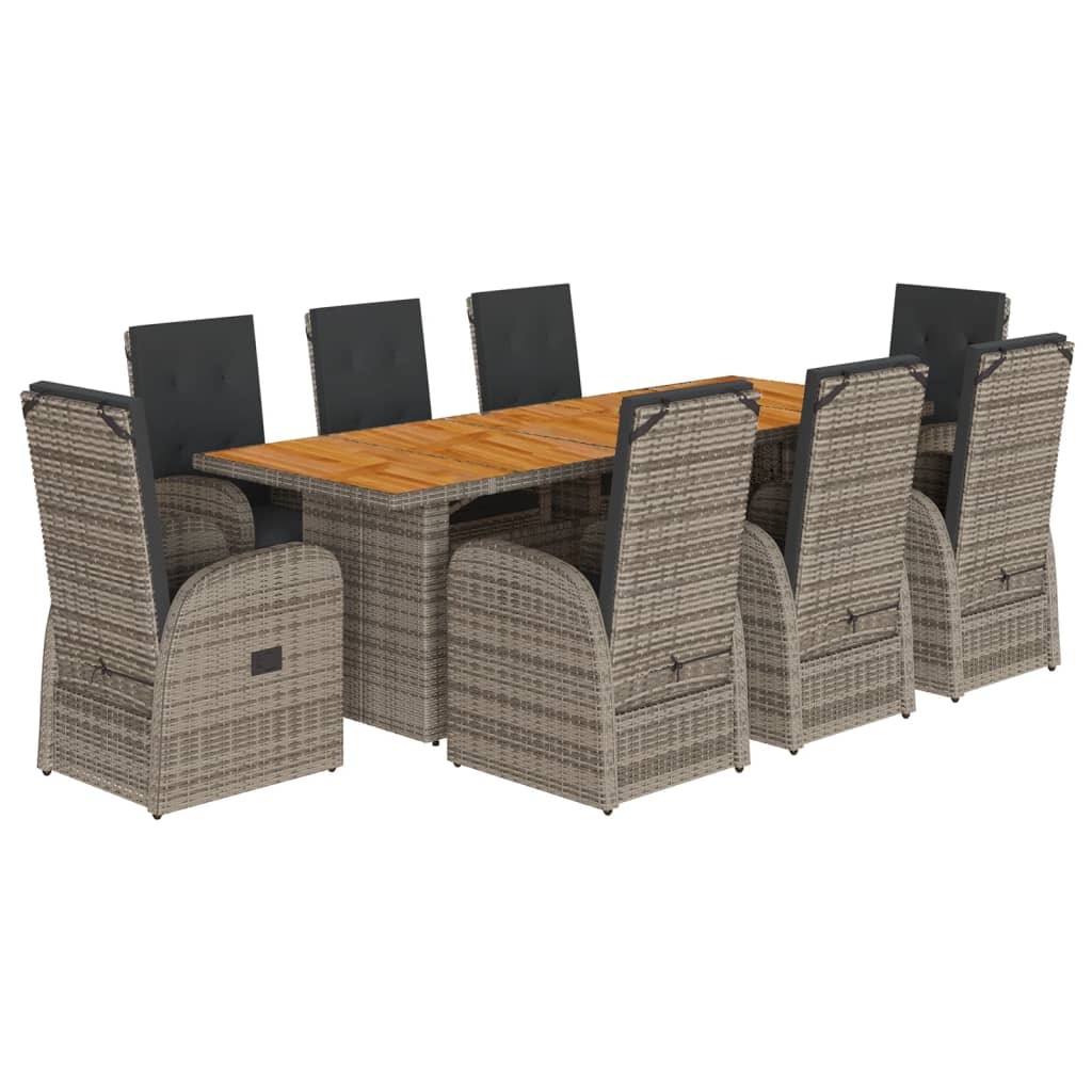 vidaXL 9 pcs conjunto de jantar p/ jardim c/ almofadões vime PE cinza