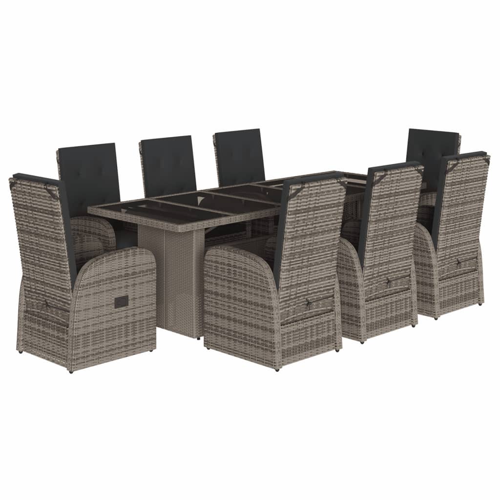 vidaXL 9 pcs conjunto de jantar p/ jardim c/ almofadões vime PE cinza