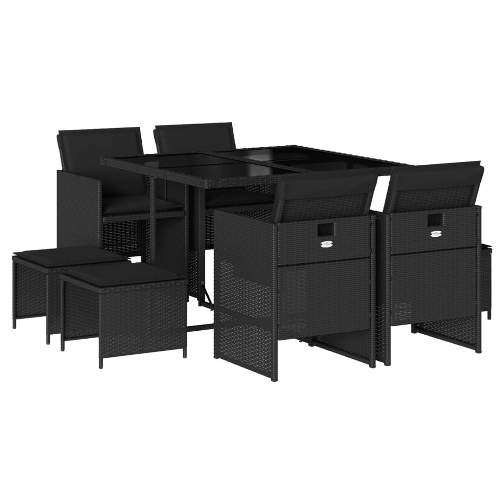 vidaXL 9 pcs conjunto de jantar p/ jardim c/ almofadões vime PE preto