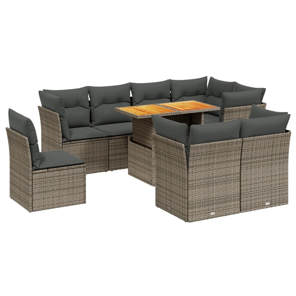 vidaXL 9 pcs conjunto sofás p/ jardim com almofadões vime PE cinzento