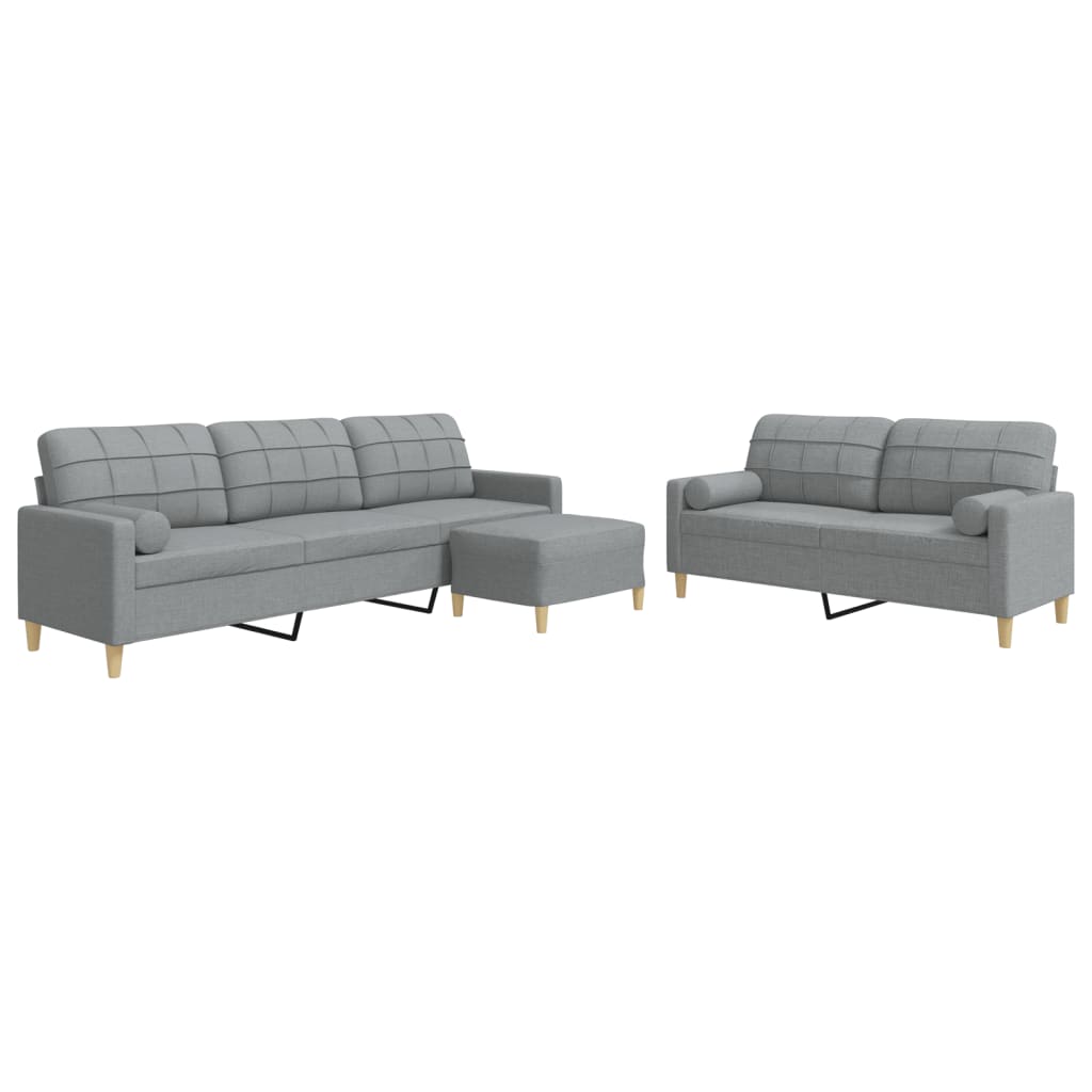 vidaXL 3pcs conjunto sofás c/ almofadões/apoio pés tecido cinza-claro