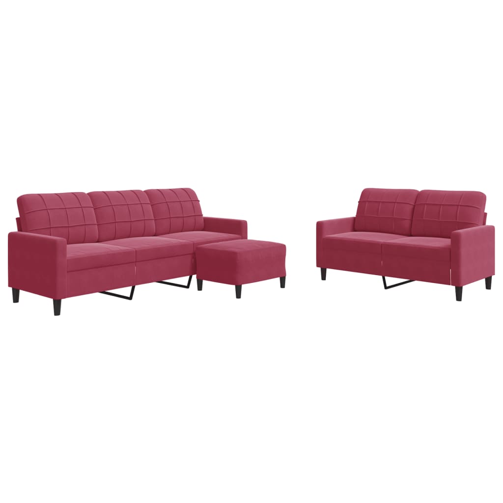 vidaXL 3 pcs conjunto de sofás com almofadões veludo vermelho tinto