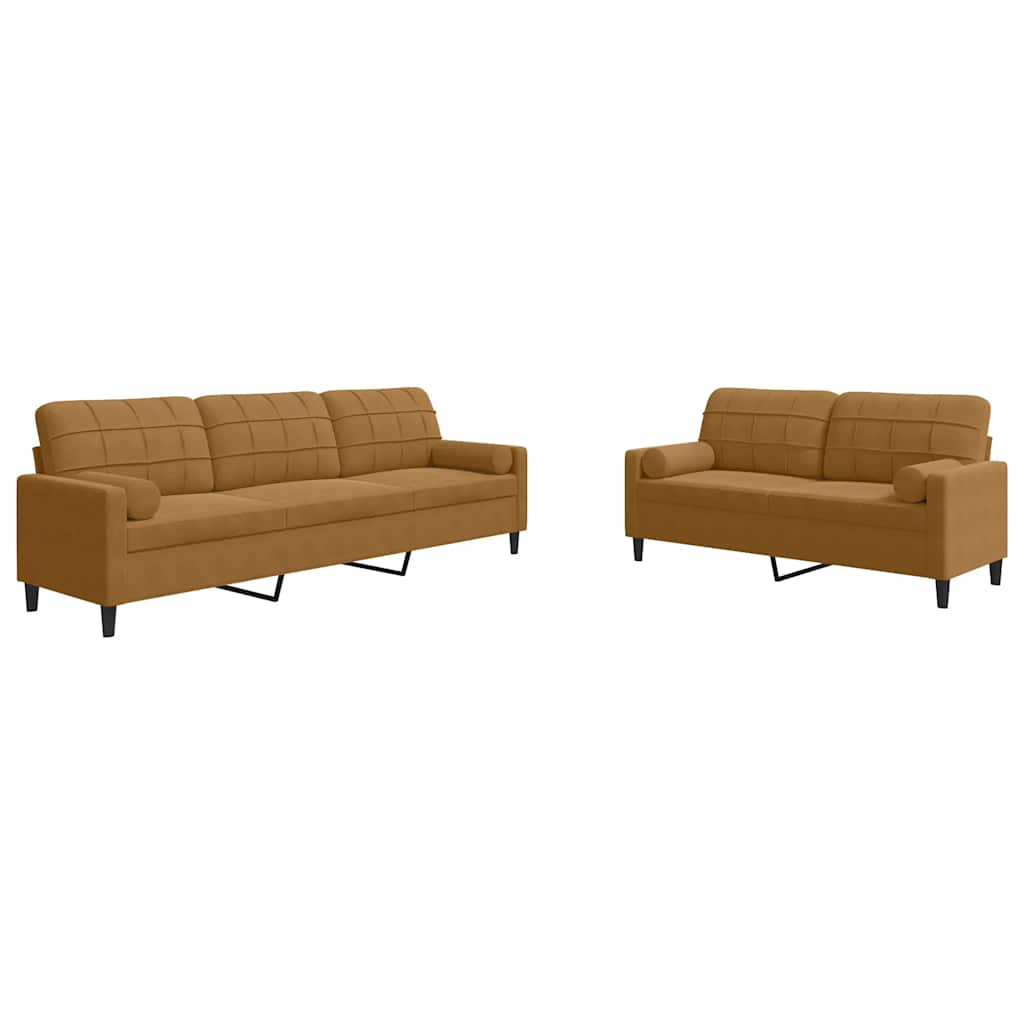 vidaXL 2 pcs conjunto de sofás com almofadões e rolos veludo castanho
