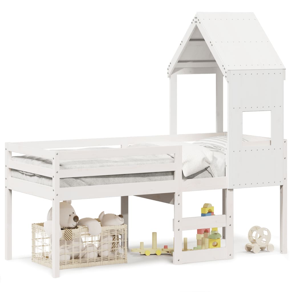 vidaXL Cama alta com telhado 90x190 cm pinho maciço branco