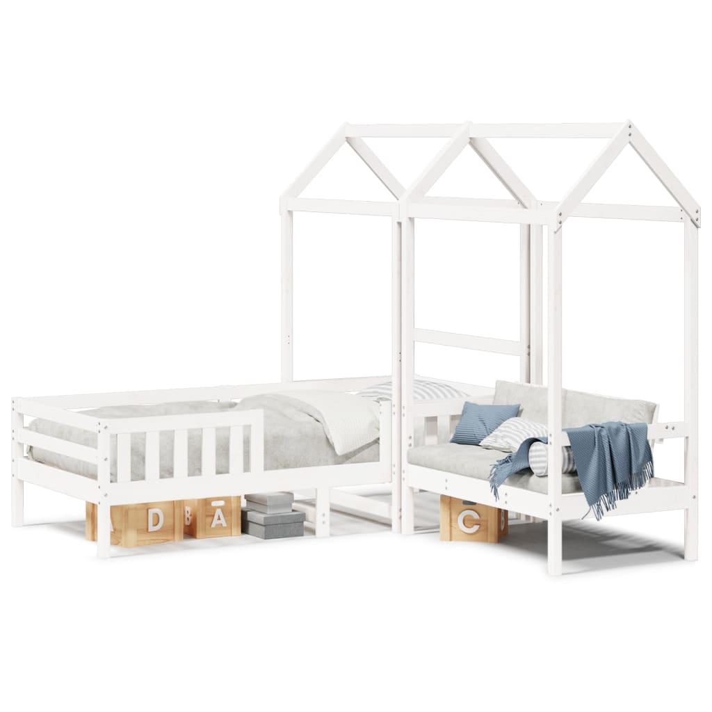vidaXL Conj. cama e banco c/ telhado 75x190 cm pinho maciço branco
