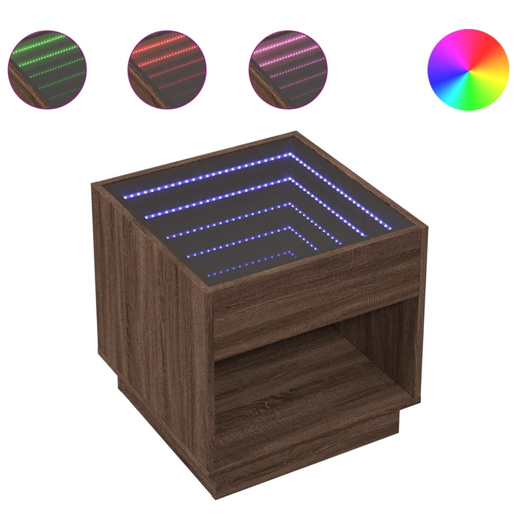 vidaXL Mesa de cabeceira c/ LED Infinity 50x50x50 cm carvalho castanho