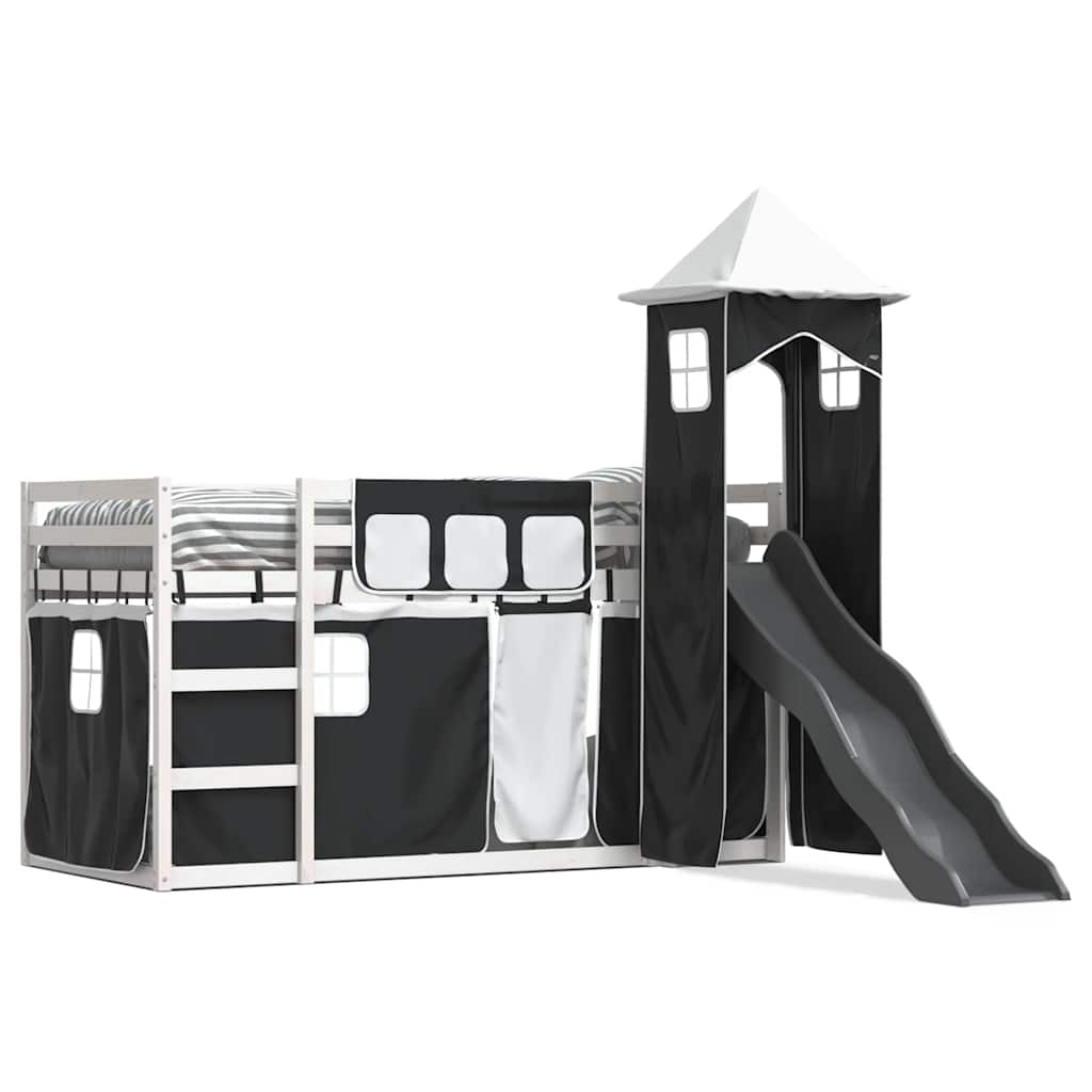 vidaXL Beliche com escorrega e cortinas 90x200 cm branco e preto