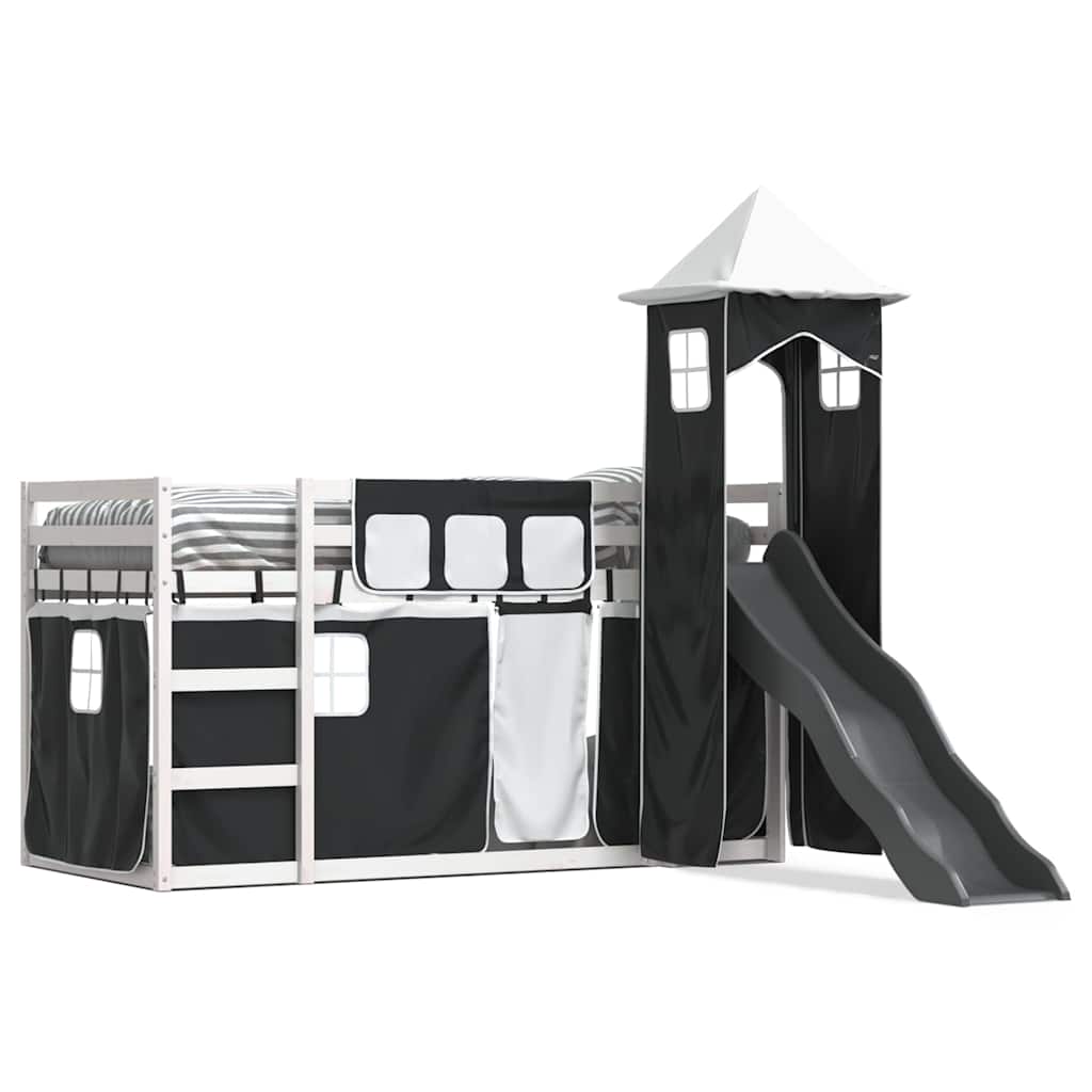 vidaXL Beliche com escorrega e cortinas 90x190 cm branco e preto