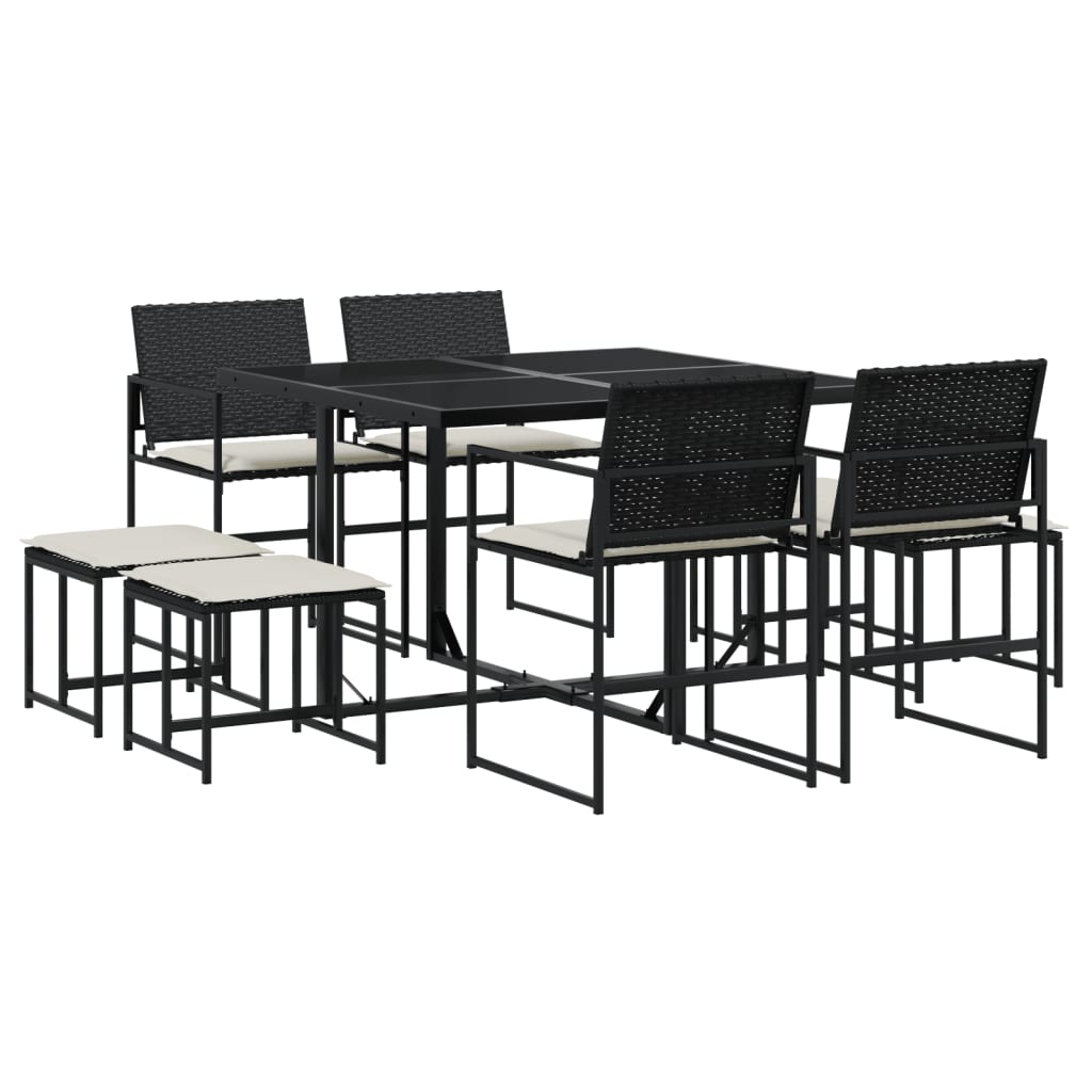 vidaXL 9 pcs conjunto de jantar p/ jardim c/ almofadões vime PE preto
