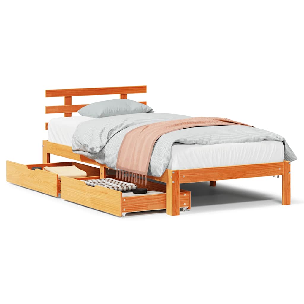 vidaXL Estrutura de cama c/ gavetas 75x190cm pinho maciço castanho-mel