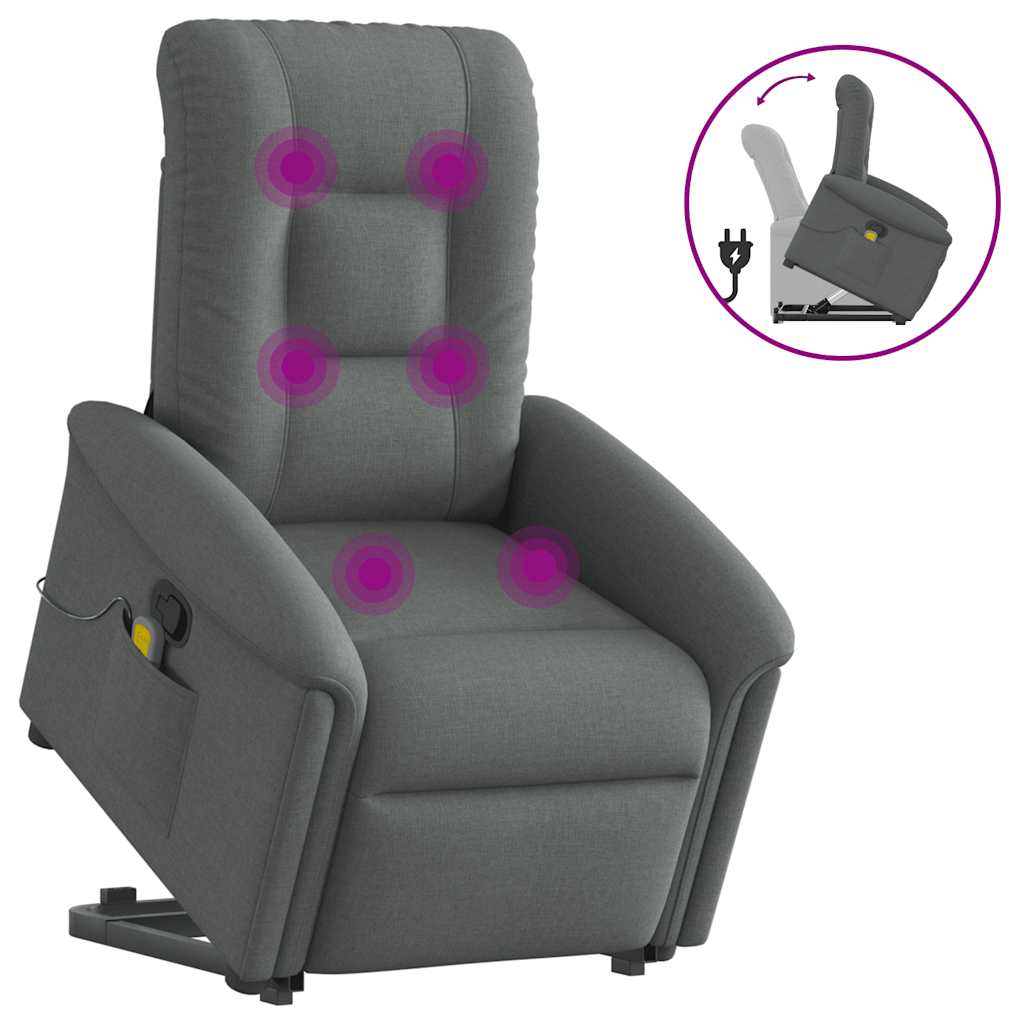 vidaXL Poltrona elevatória de massagens tecido cinzento-escuro