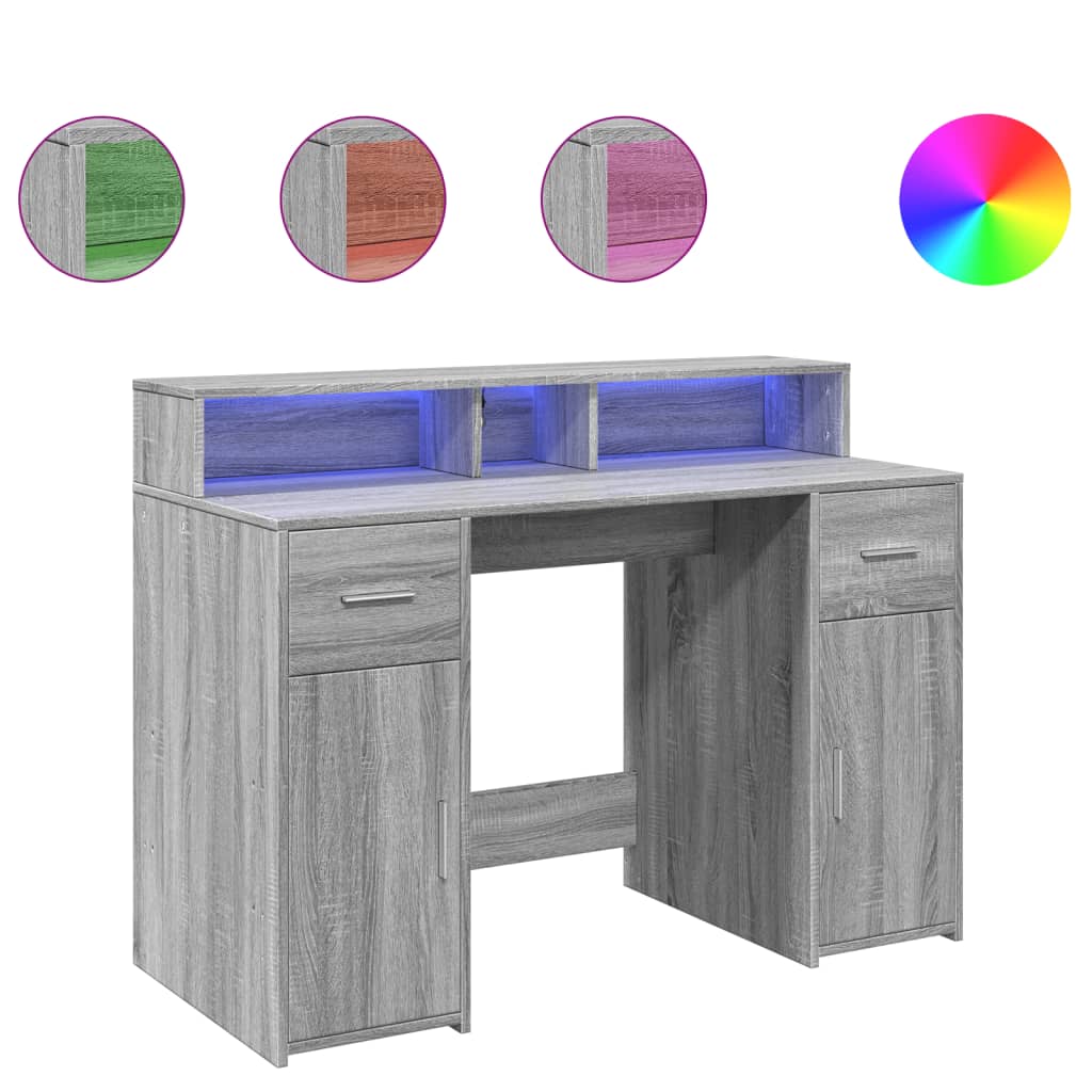 vidaXL Secretária luzes LED 120x55x91cm deriv. madeira cinzento sonoma