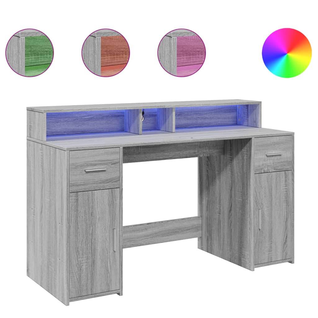 vidaXL Secretária luzes LED 140x55x91cm deriv. madeira cinzento sonoma