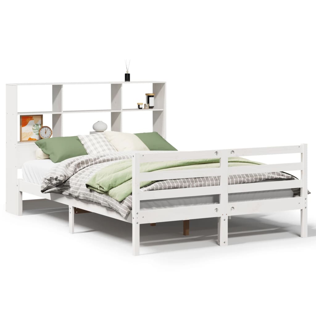 vidaXL Cama com estante sem colchão 140x190 cm pinho maciço branco