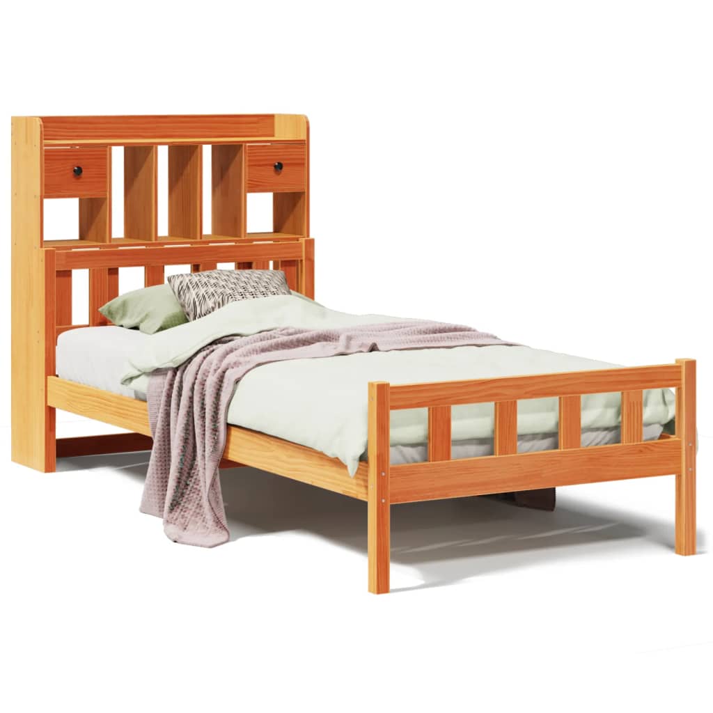 vidaXL Cama com estante sem colchão 75x190cm pinho maciço castanho-mel