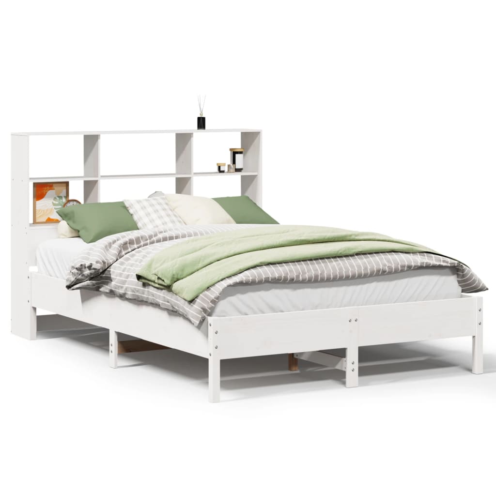 vidaXL Cama com estante sem colchão 140x200 cm pinho maciço branco