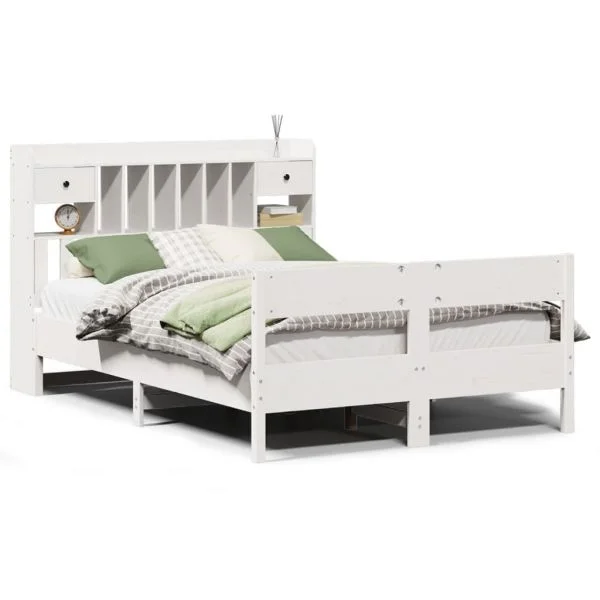 vidaXL Cama com Estante sem Colchão 140x200 cm Pinho Maciço Branco - 299167643