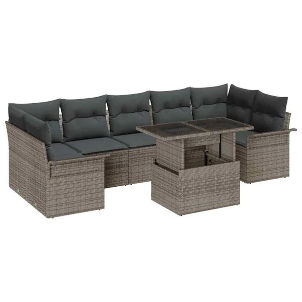 vidaXL Conjunto de Sofá de Jardim com Almofada 8 Peças Cinzeto Vime Pe - 3171162425