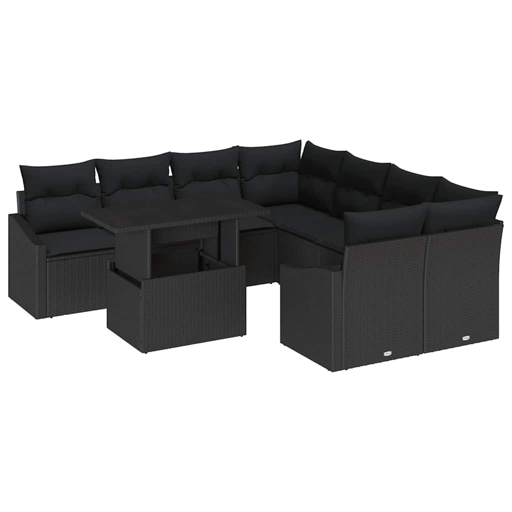 vidaXL Conjunto de Sofá de Jardim com almofada 9 pcs Preto vime PE