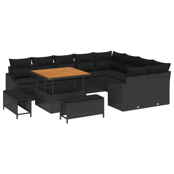 vidaXL Conjunto de Sofá de Jardim com Almofada 12 Peças Preto Vime Pe - 998501308