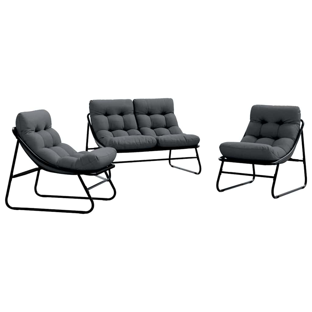 vidaXL Móveis de Jardim com almofada 3 pcs Preto Aço revestido a pó