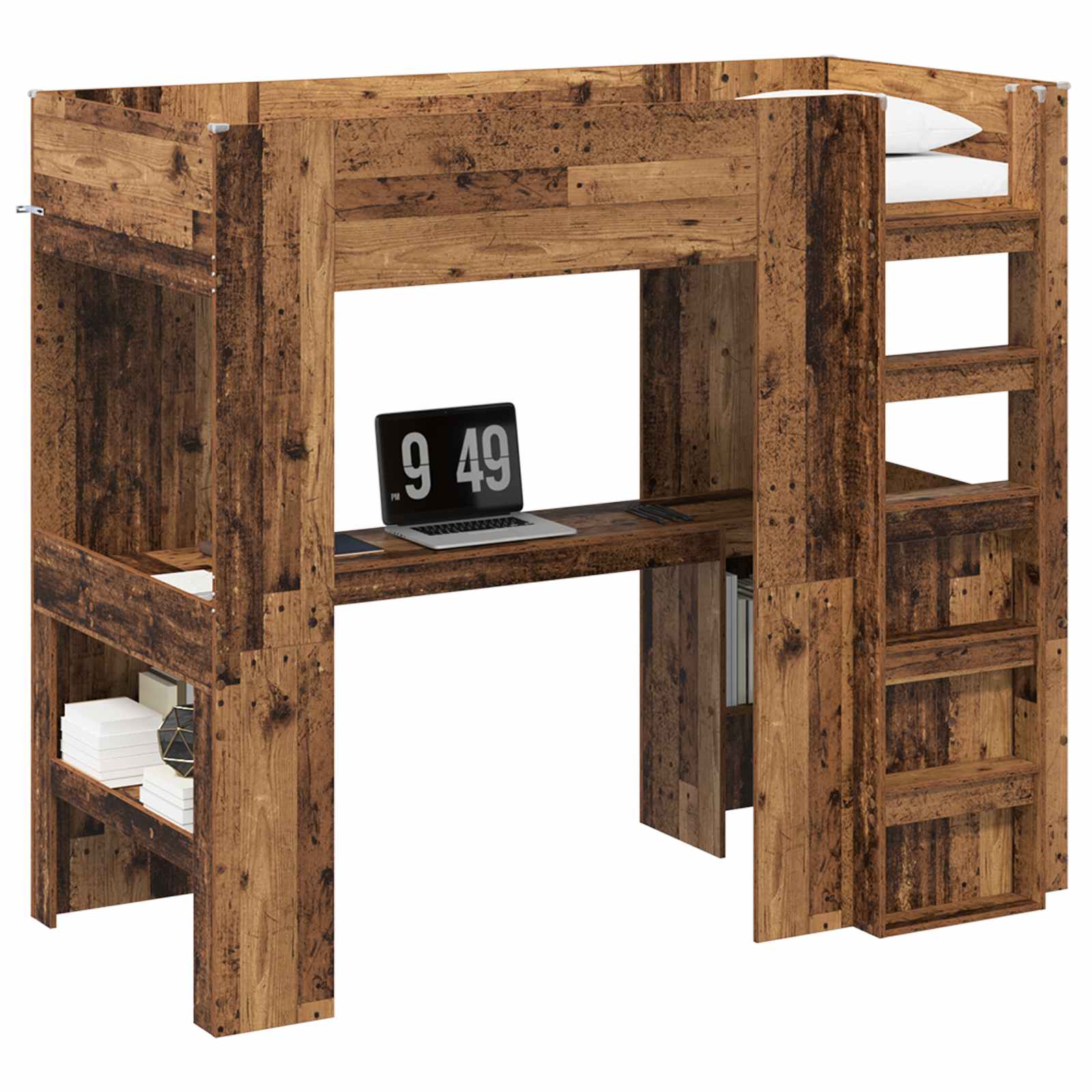 vidaXL Estrutura de Cama Loft com Mesa Madeira antiga 90 x 190 cm