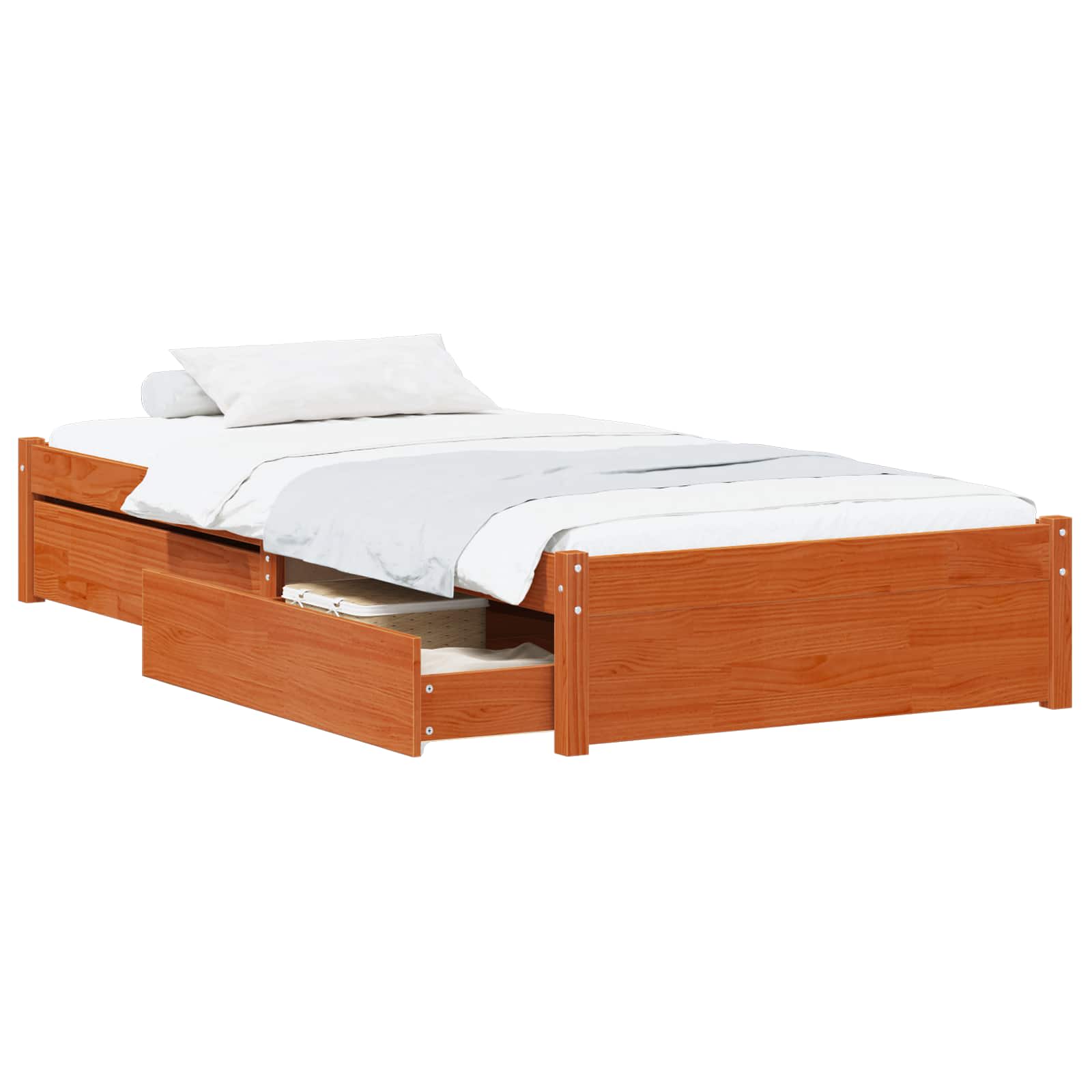 vidaXL Estrutura da Cama com gaveta 3 pcs Marrom Cera Madeira de pinho