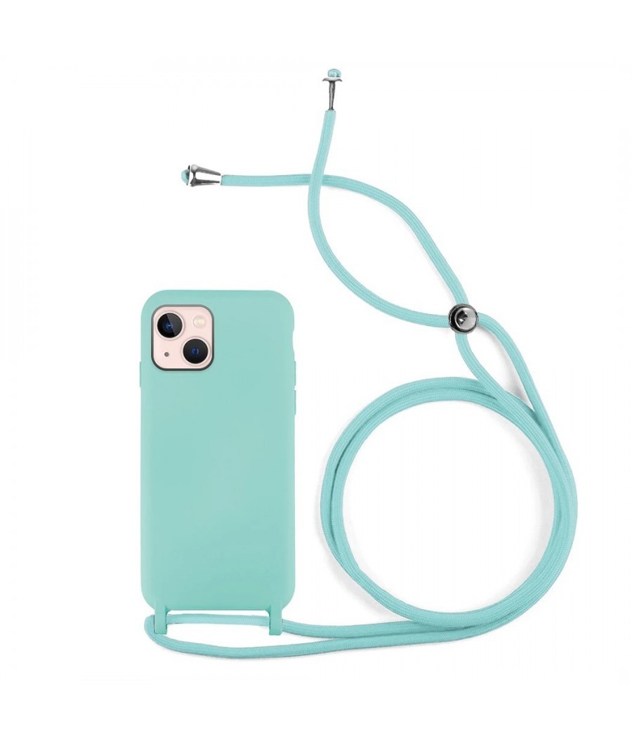 Capa Silicone Líquido iPhone 15 Cordão Verde Água
