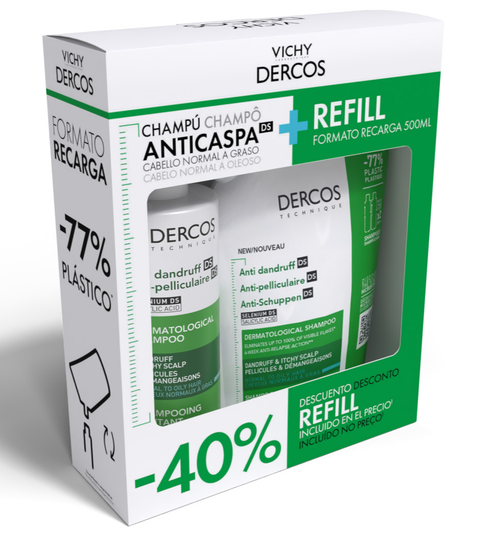 Vichy Dercos Pack Champô 390mL + Refill 500 mL – Anti-Caspa Oleosa 40%